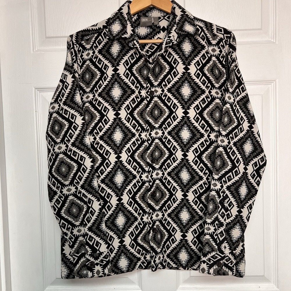 ASOS DESIGN Mens Small Aztec Print Button-Down Jacket Shirt Black White Gray